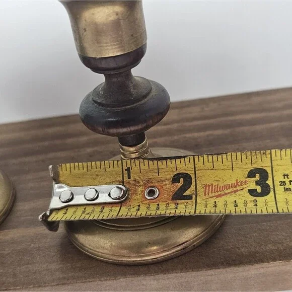 Vintage Pair of MCM Teak Wood & Brass Candle Stick Holders Tapered 3.5" - Picture 11 of 12